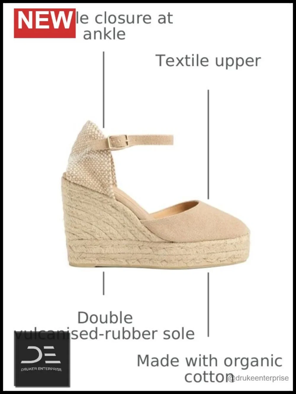 Wedge Espadrille Sandals, Textile Upper, Ankle Buckle, Summer Shoe